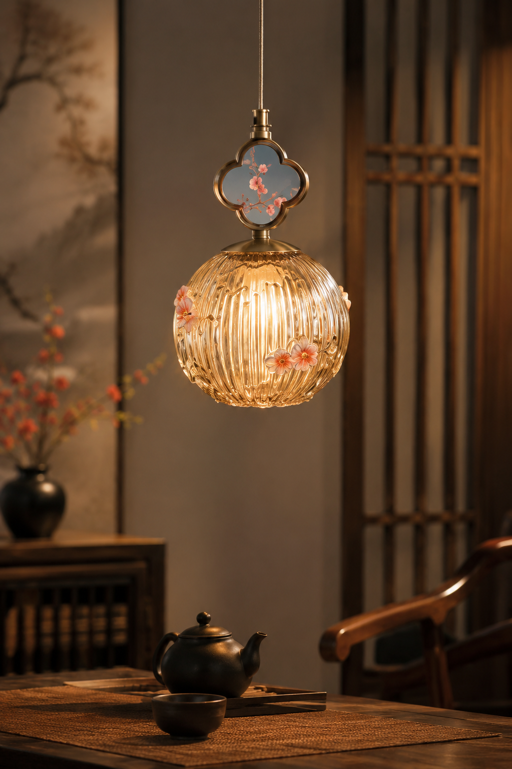 Luxury Chinoiserie Floral Glass Pendant Light