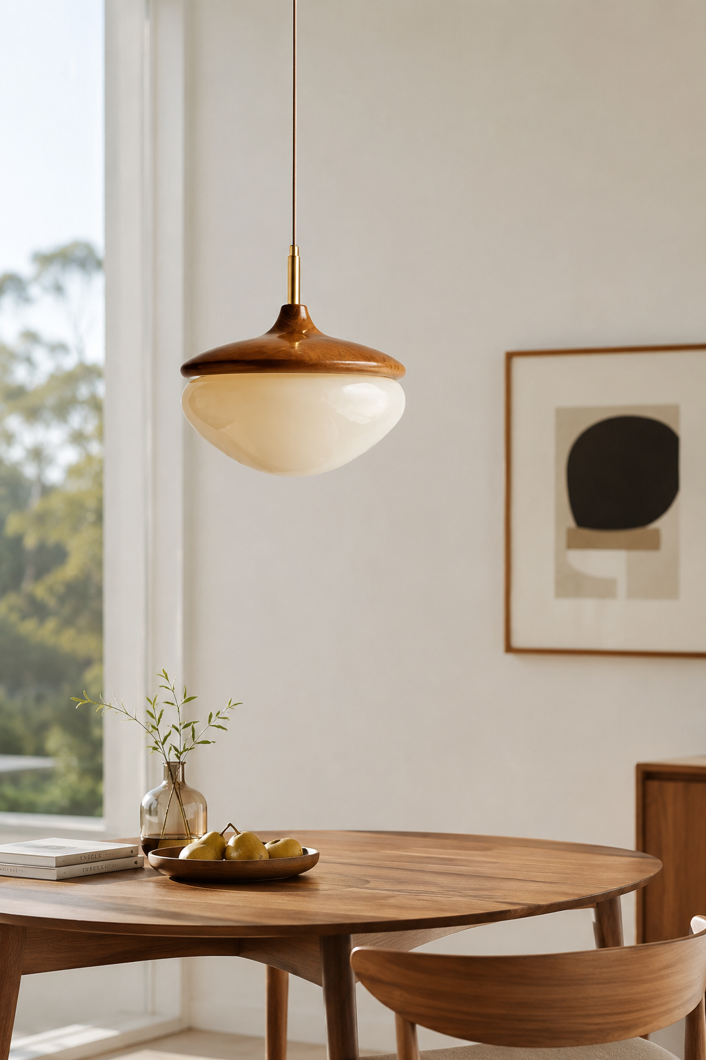 Mid-Century Walnut and Glass Pendant Light