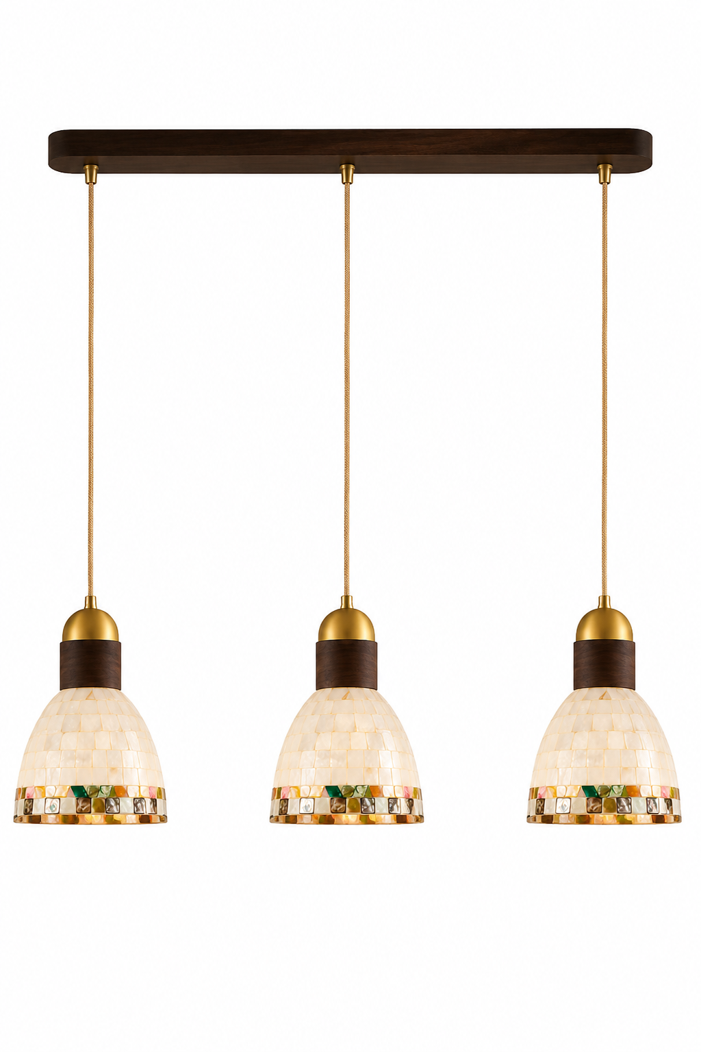 Natural Shell & Walnut Wood 3-Light Linear Pendant Chandelier