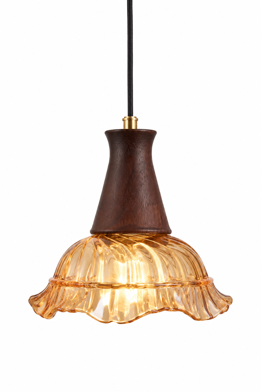 Vintage Amber Glass Walnut Pendant Light