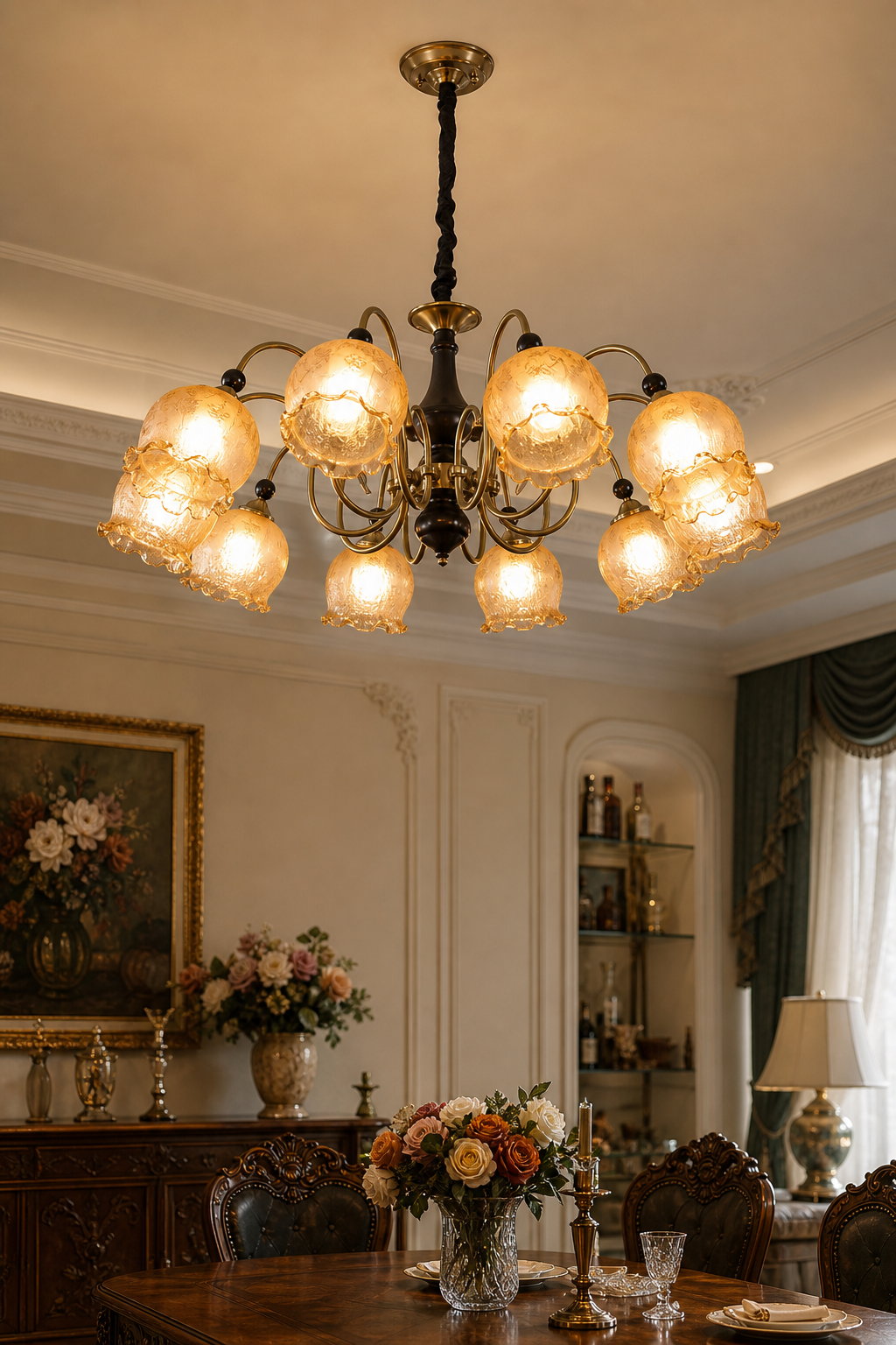 Vintage European Multi-Head Chandelier with Amber Patterned Glass Shades