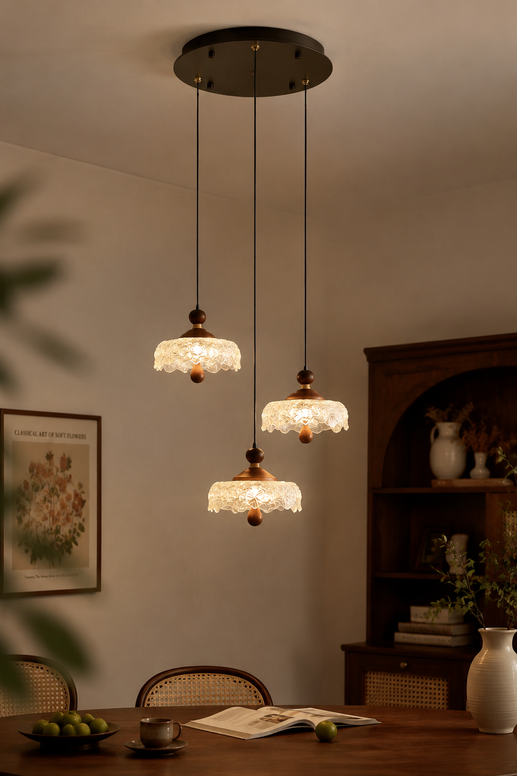 Vintage 3-Light Glass Pendant Chandelier with Walnut Wood Accents