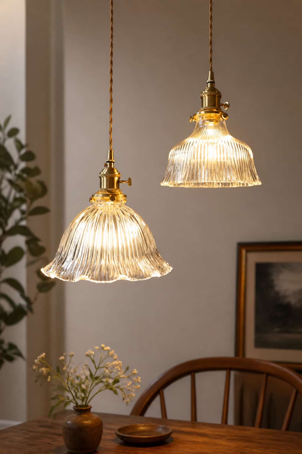 Vintage Ribbed Glass Brass Pendant Light