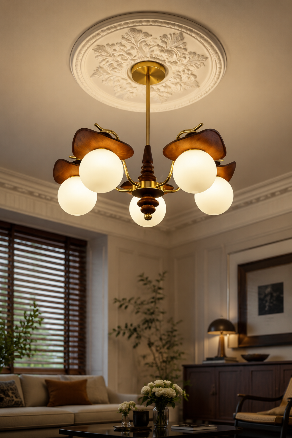 Modern Mid-Century Multi-Head Glass Globe Chandelier with Walnut & Brass Accents