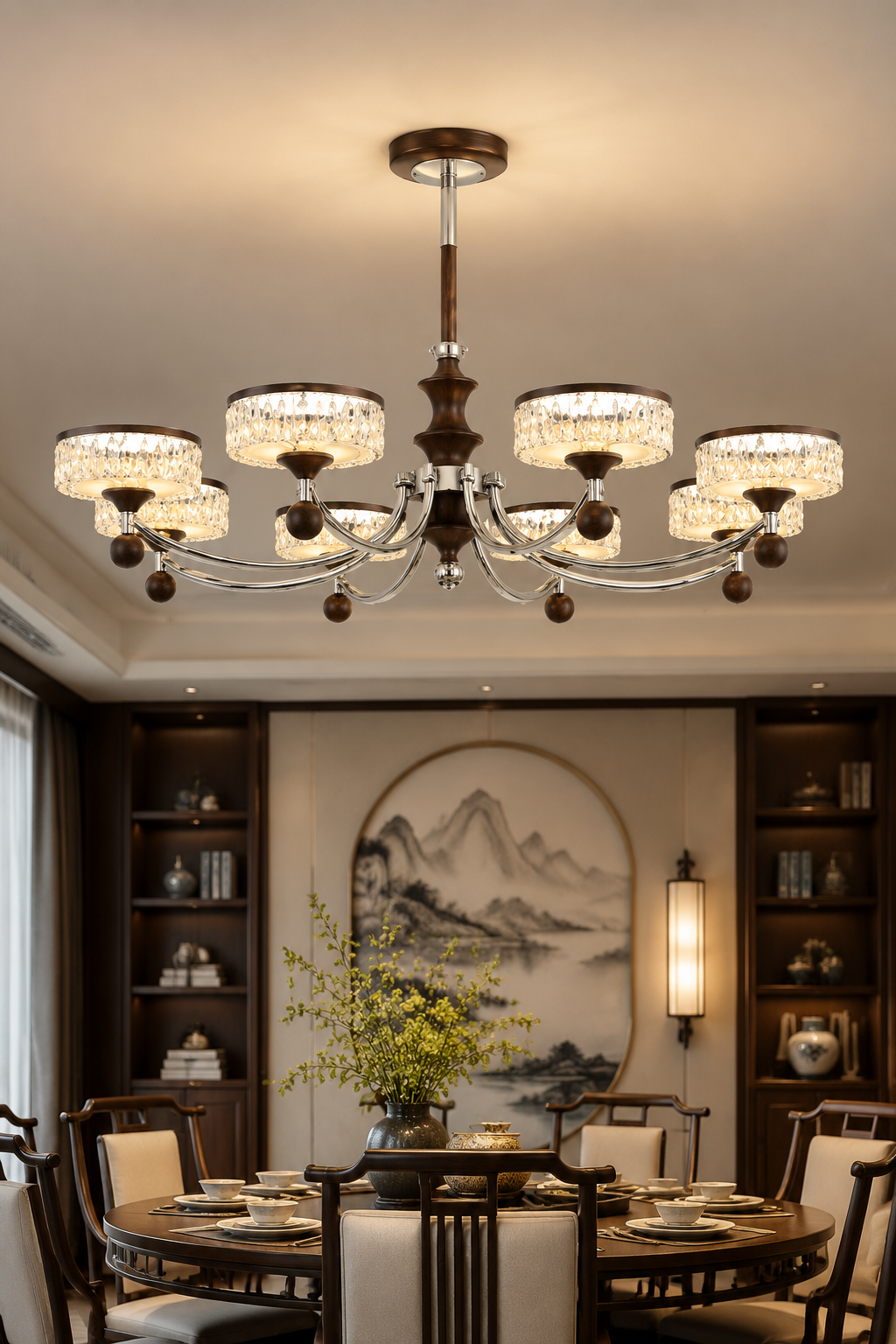 Modern Luxury Crystal Chandelier with Walnut Wood Accents & Chrome Finish