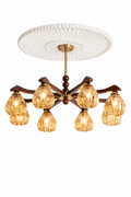Mid-Century Modern 8-Light Chandelier with Walnut Wood & Hammered Amber Glass