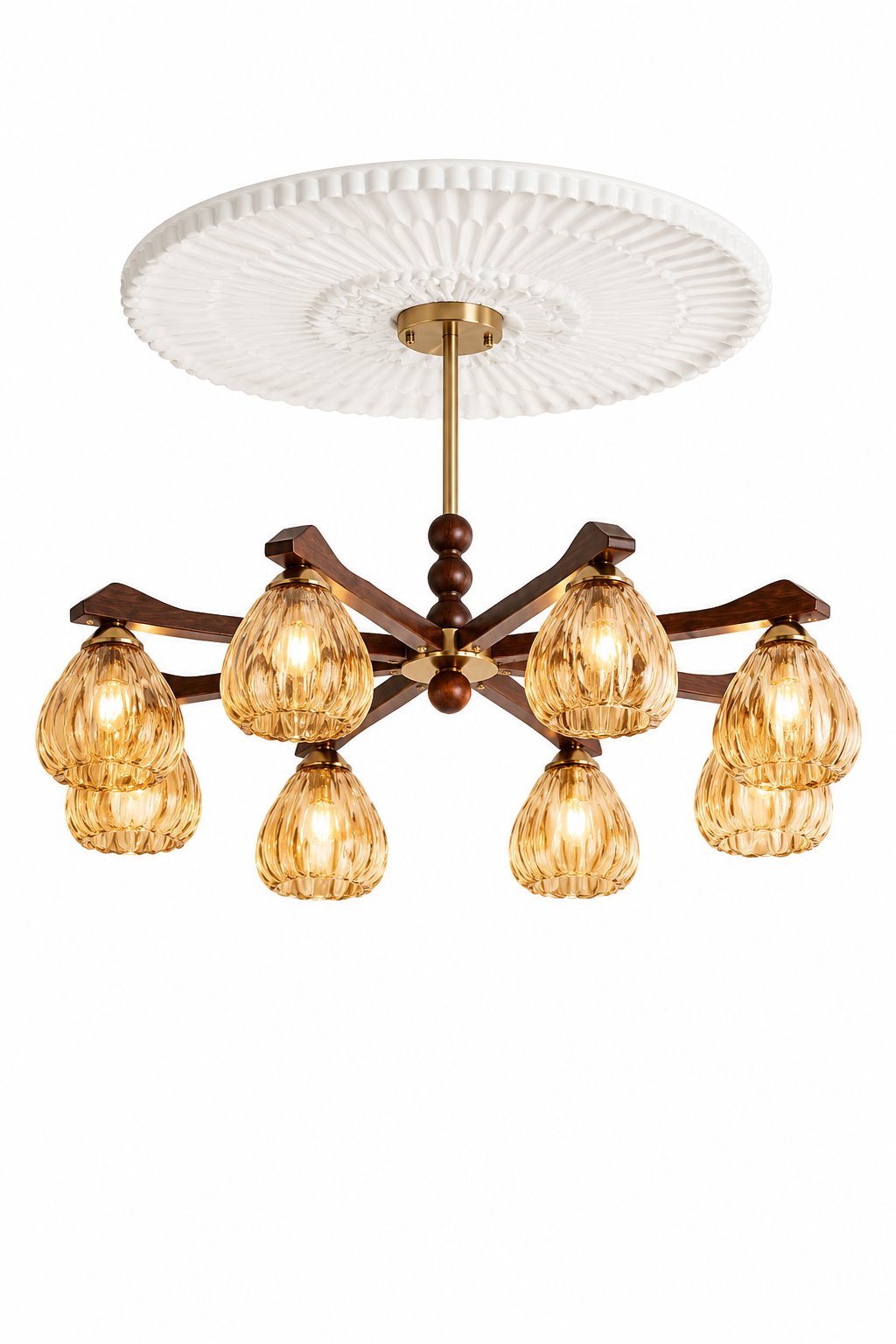 Mid-Century Modern 8-Light Chandelier with Walnut Wood & Hammered Amber Glass