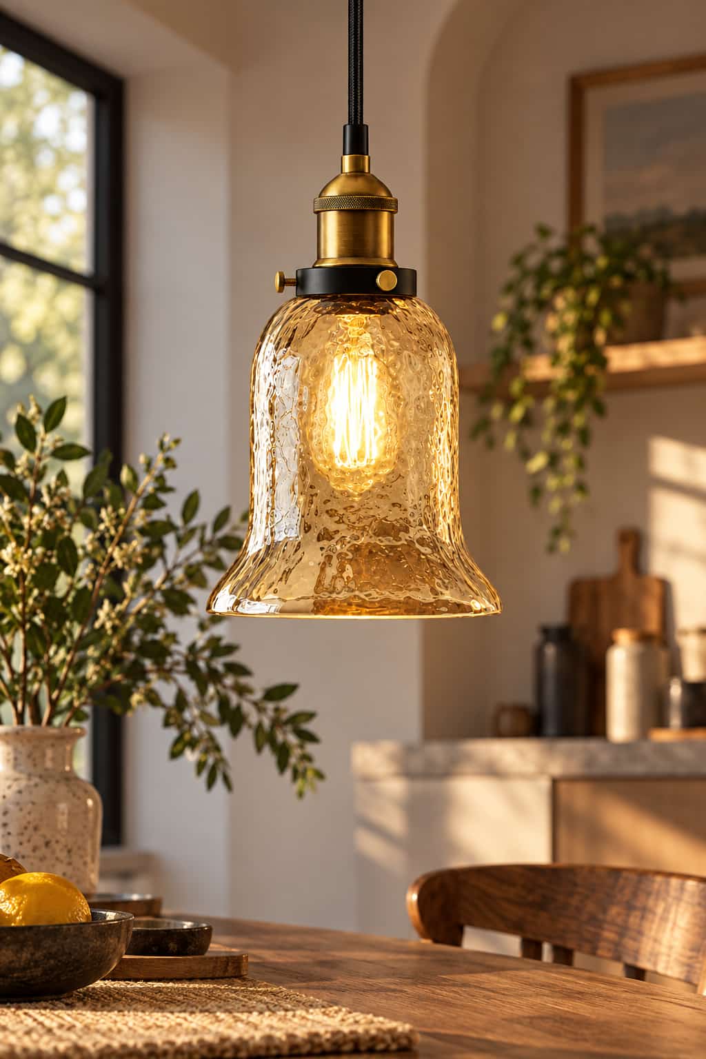 Vintage Amber Hammered Glass Pendant Light