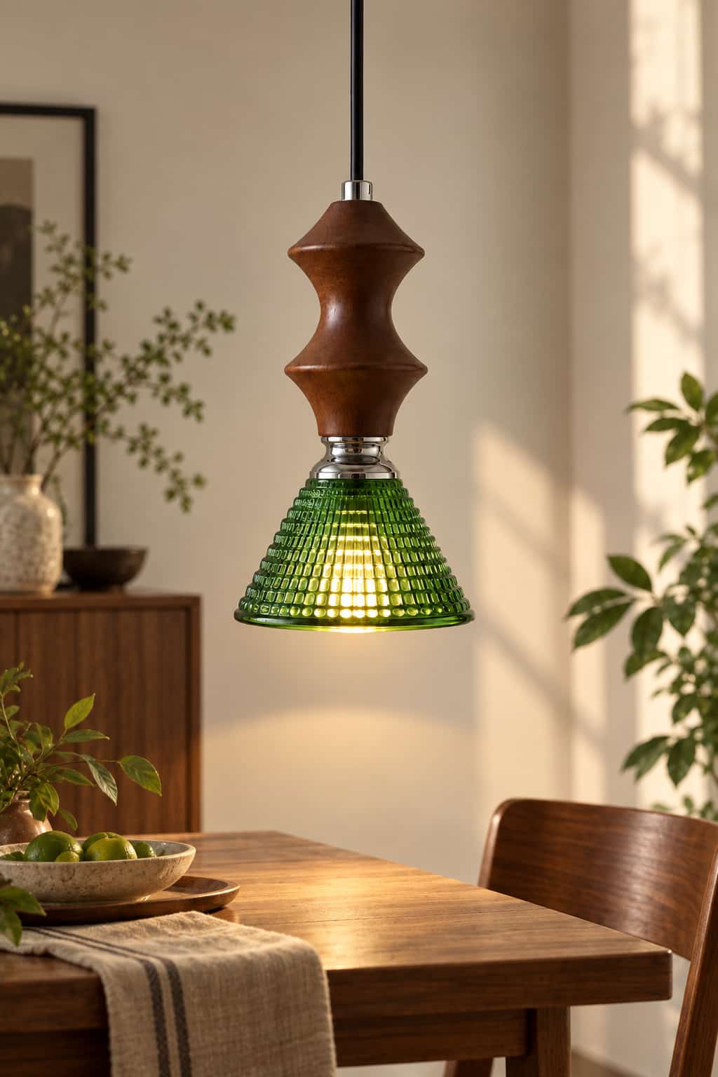 Vintage Green Glass Wood Pendant Light