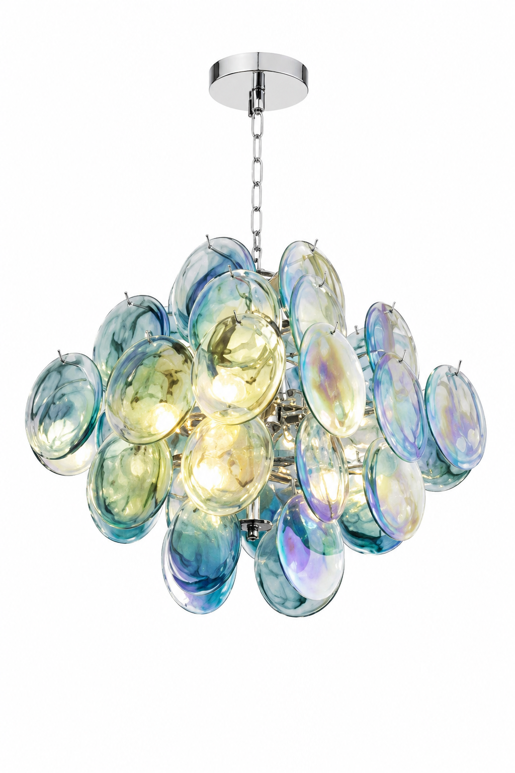 Modern Iridescent Glass Disc Chandelier - Teal and Blue Art Deco Pendant Light