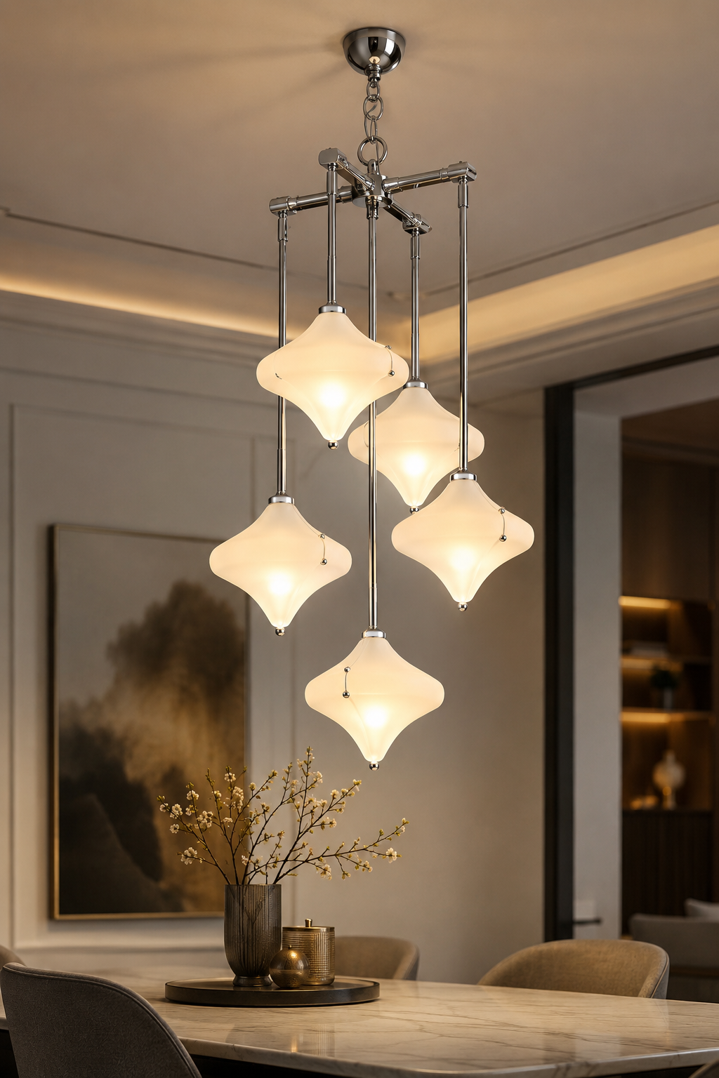 Modern Geometric Multi-Head Chandelier with Star-Shaped Frosted Glass Shades