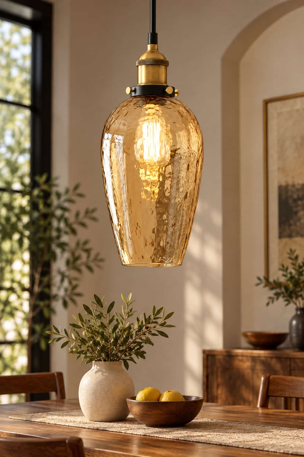 Amber Hammered Glass Industrial Pendant Light