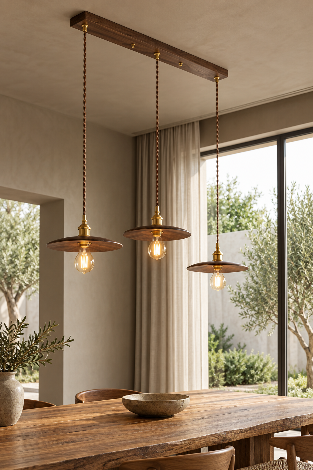 Minimalist Walnut and Brass Linear Chandelier