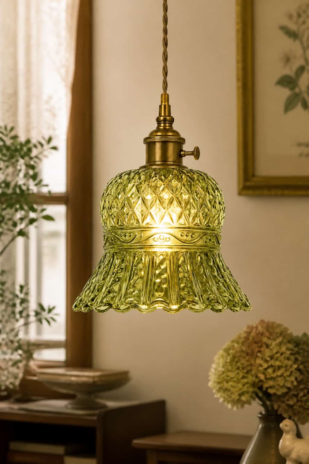 Vintage Olive Green Glass Pendant Light
