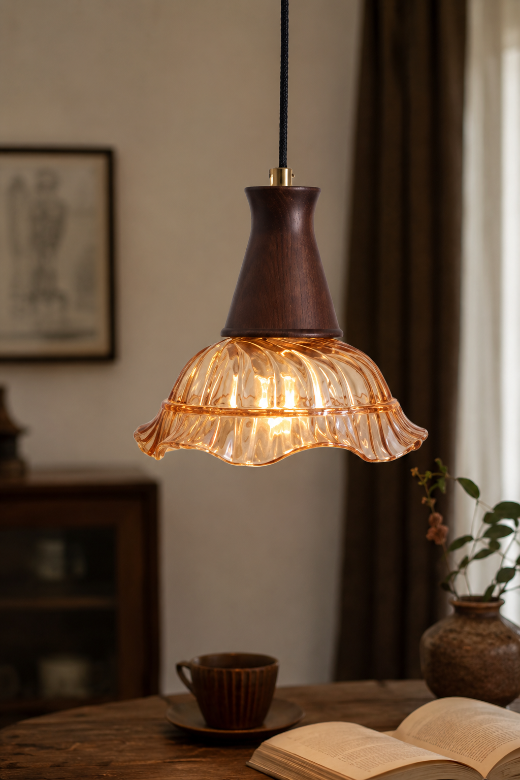 Vintage Amber Glass Walnut Pendant Light