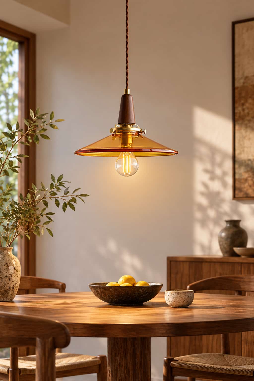 Vintage Amber Glass Walnut Pendant Light