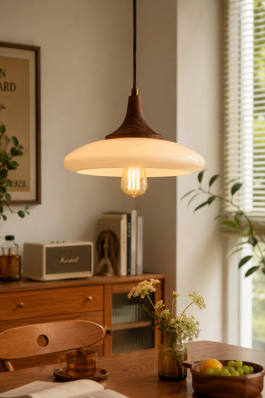 Mid-Century Walnut Wood Pendant Light