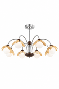 Modern Petal Wood & Chrome Chandelier - Nordic Floral Multi-Head Glass Globe Ceiling Light