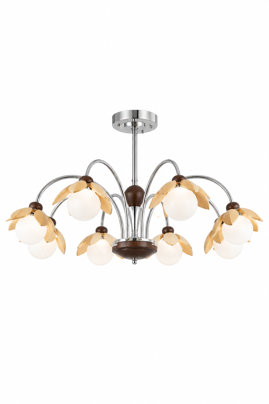 Modern Petal Wood & Chrome Chandelier - Nordic Floral Multi-Head Glass Globe Ceiling Light