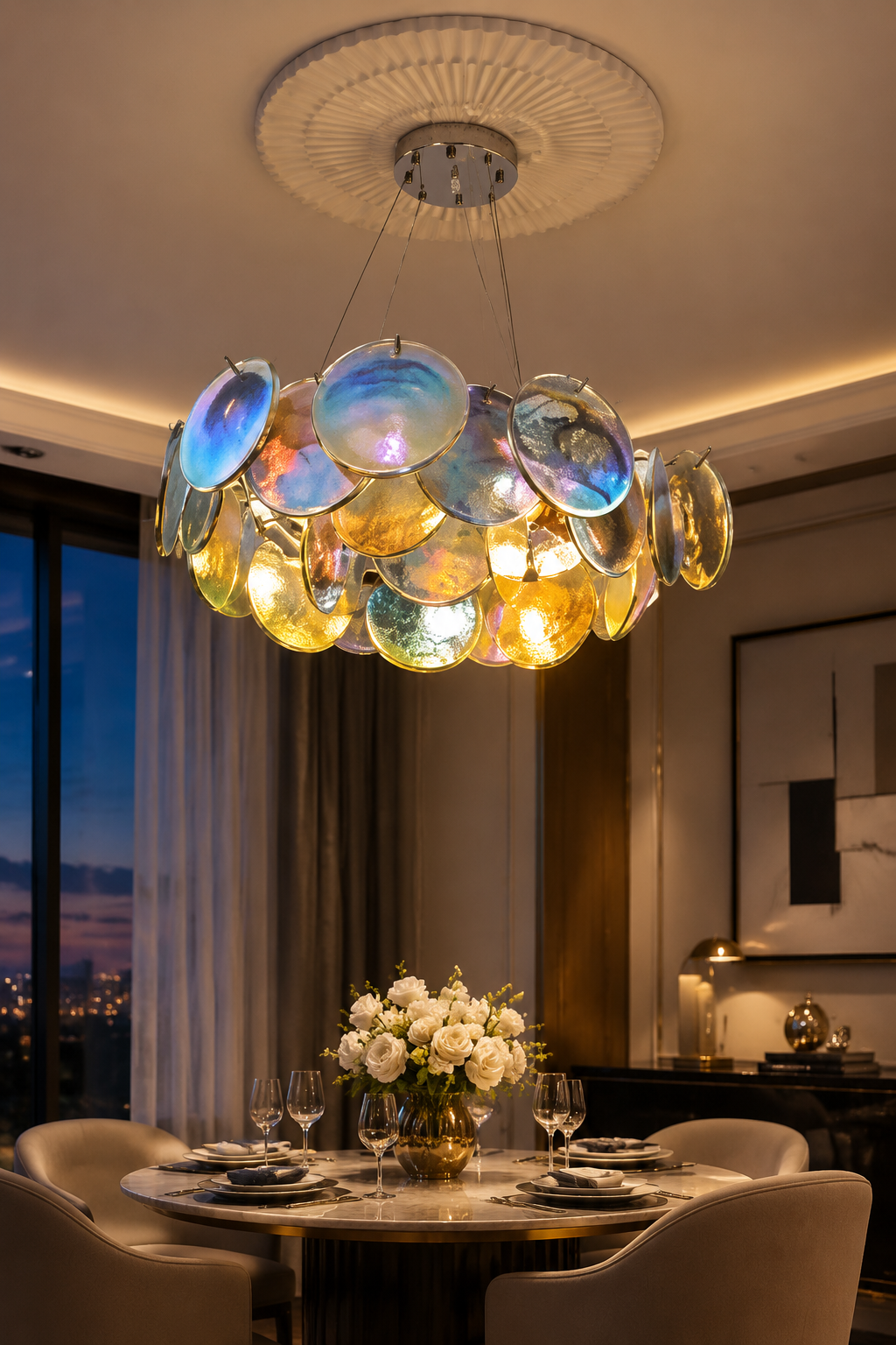 Modern Iridescent Glass Disc Chandelier - Artistic Pendant Light with Relief Base
