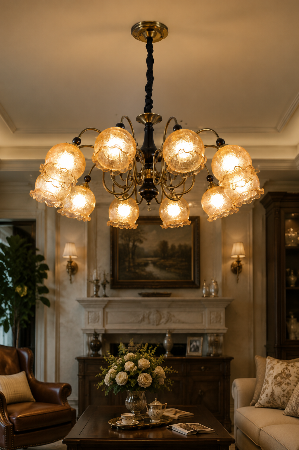 Vintage European Multi-Head Chandelier with Amber Patterned Glass Shades