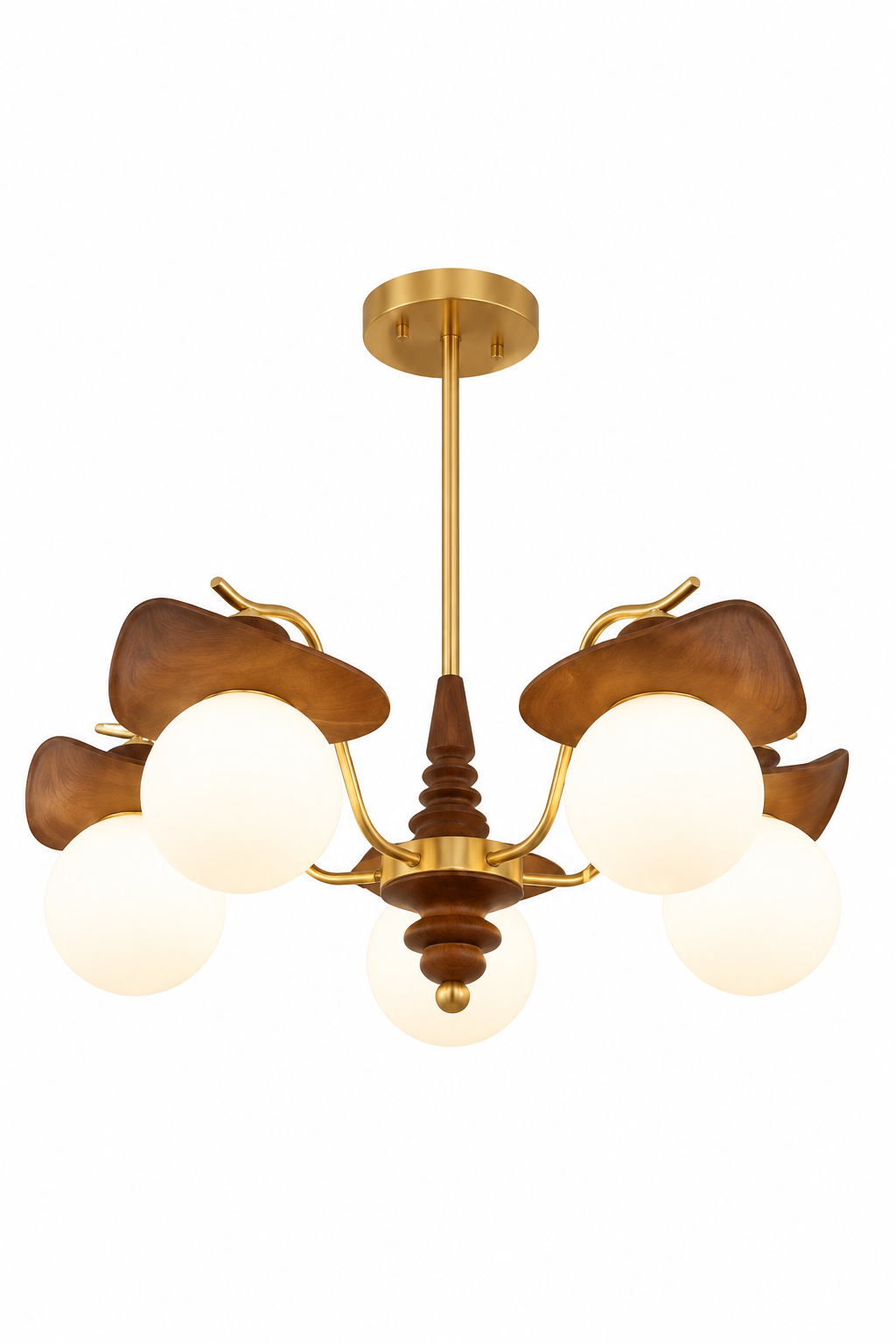 Modern Mid-Century Multi-Head Glass Globe Chandelier with Walnut & Brass Accents