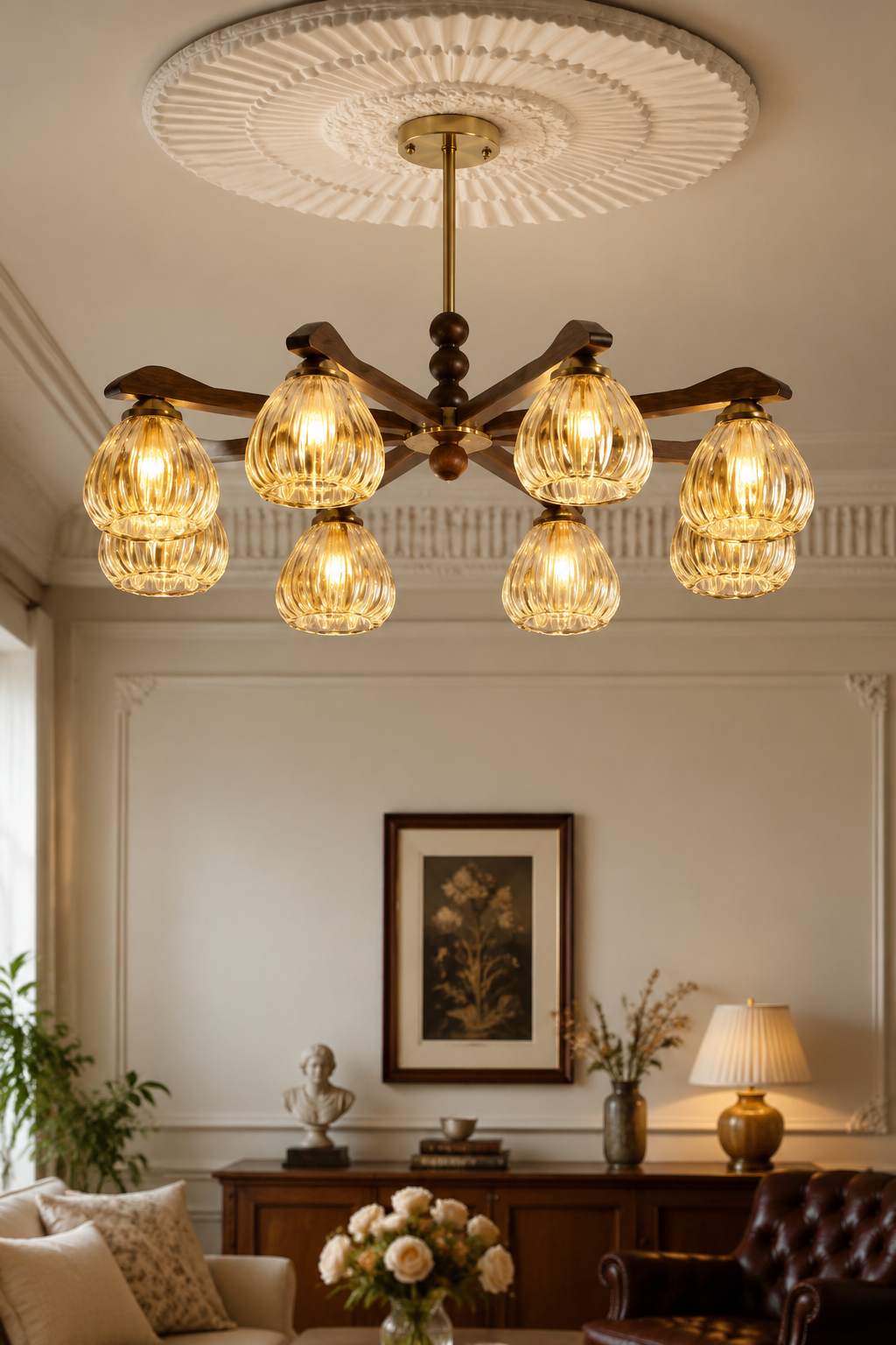 Mid-Century Modern 8-Light Chandelier with Walnut Wood & Hammered Amber Glass