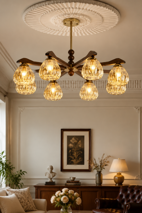 Mid-Century Modern 8-Light Chandelier with Walnut Wood & Hammered Amber Glass