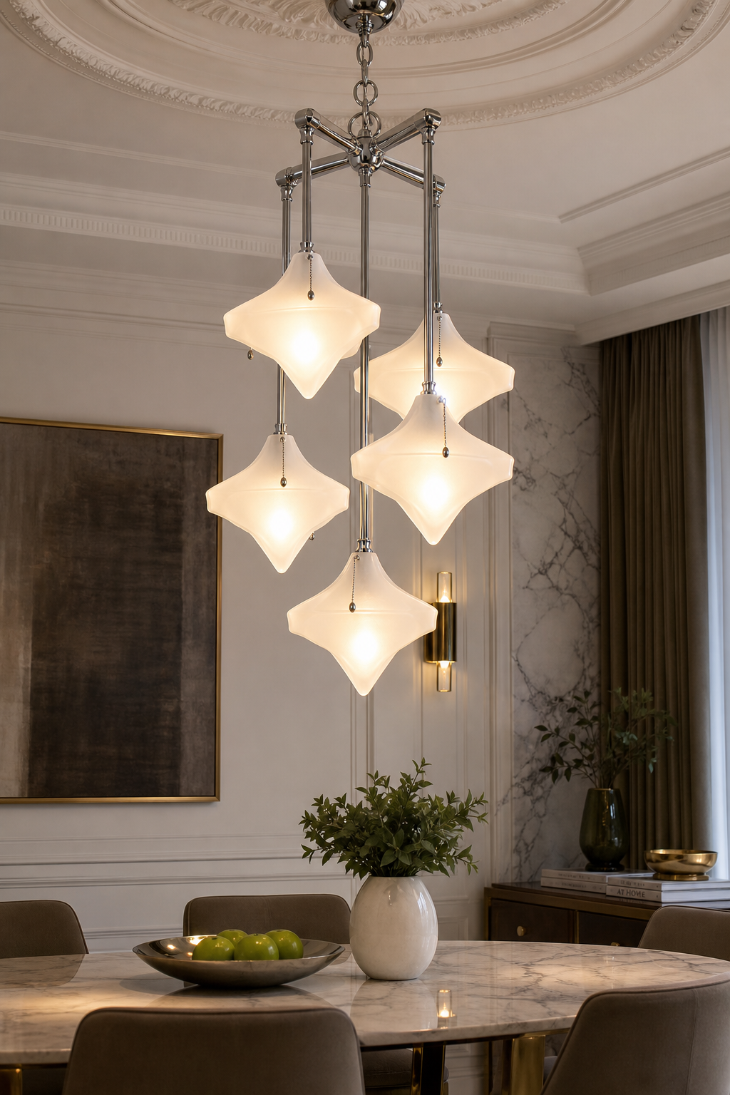 Modern Geometric Multi-Head Chandelier with Star-Shaped Frosted Glass Shades