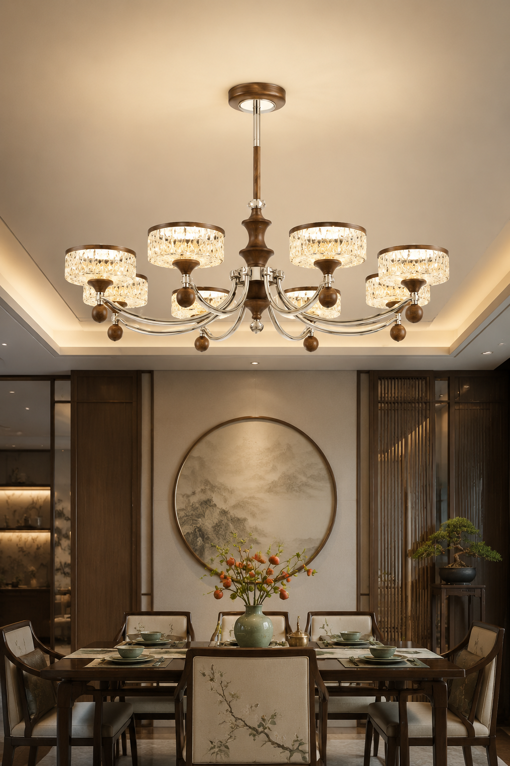 Modern Luxury Crystal Chandelier with Walnut Wood Accents & Chrome Finish