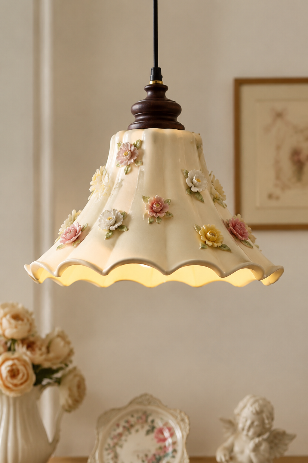 Vintage Floral Ceramic Pendant Light