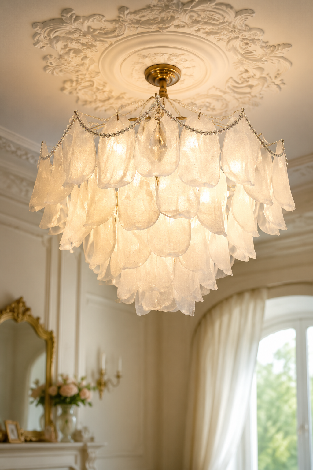 French Romantic Petal Chandelier - Modern Luxury Gold Glass Ceiling Light