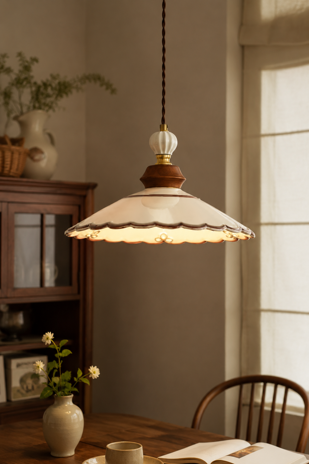 Vintage Scalloped Ceramic Pendant Light