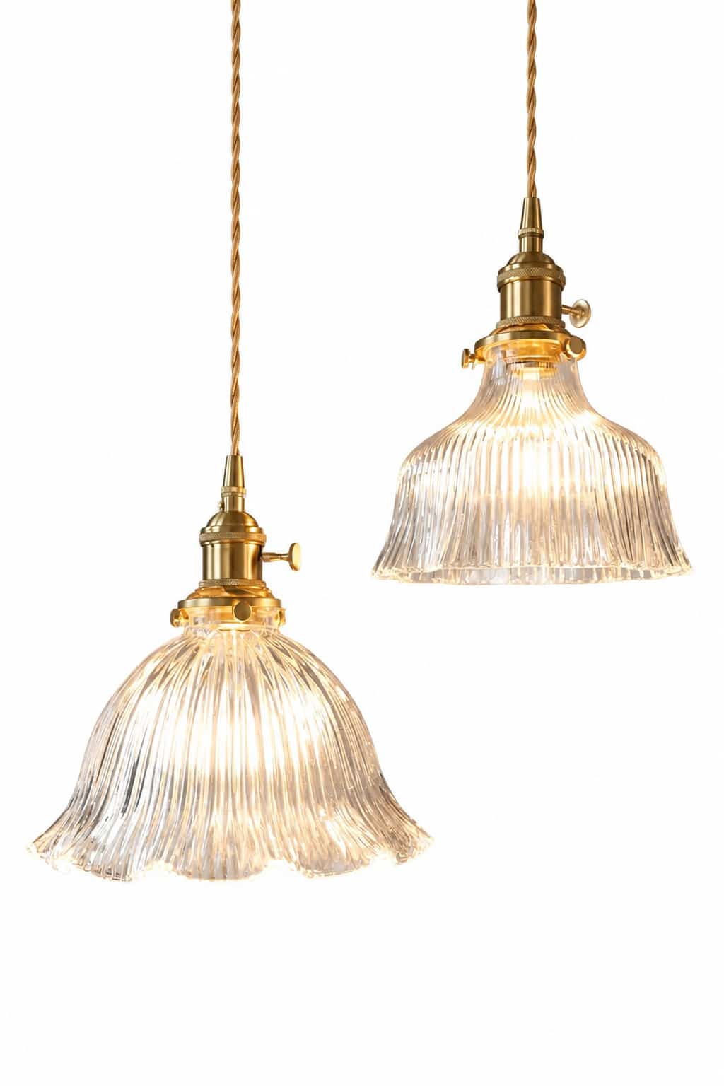Vintage Ribbed Glass Brass Pendant Light