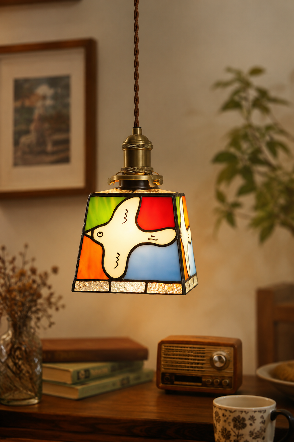 Vintage Stained Glass Bird Pendant Light