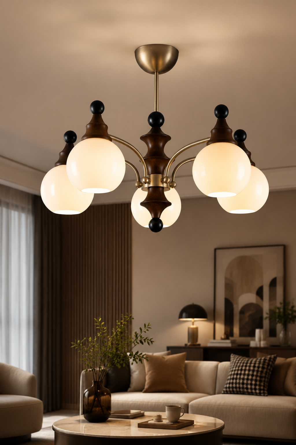 Modern Mid-Century 5-Light Globe Chandelier - Champagne Gold & Walnut Wood Finish