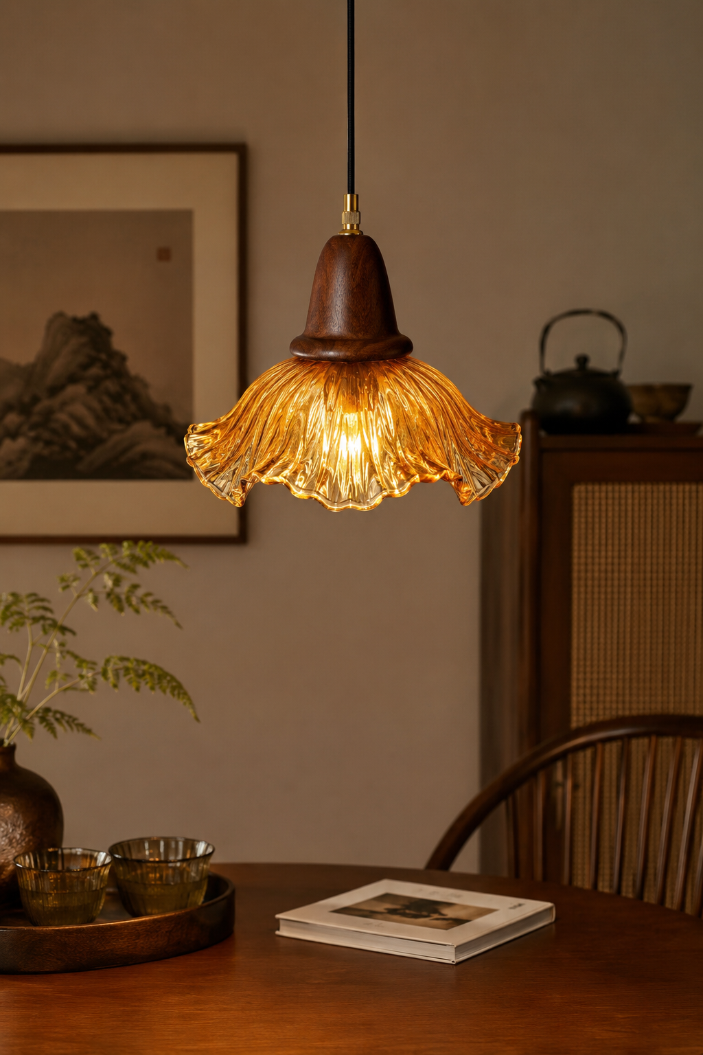 Amber Glass & Walnut Pendant Light