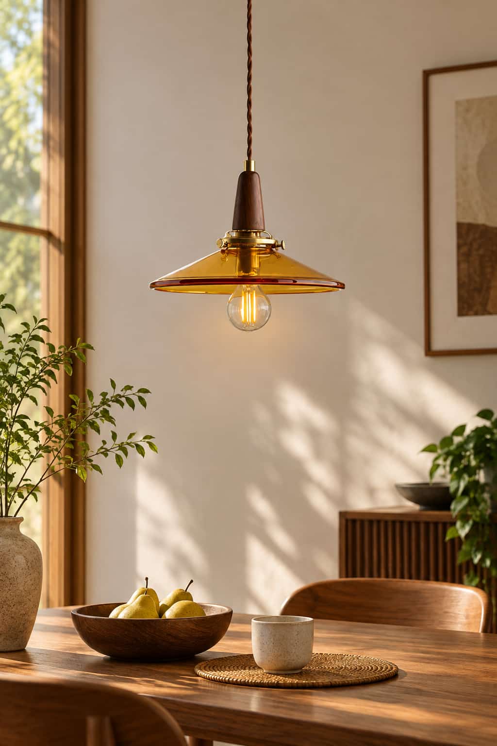 Vintage Amber Glass Walnut Pendant Light