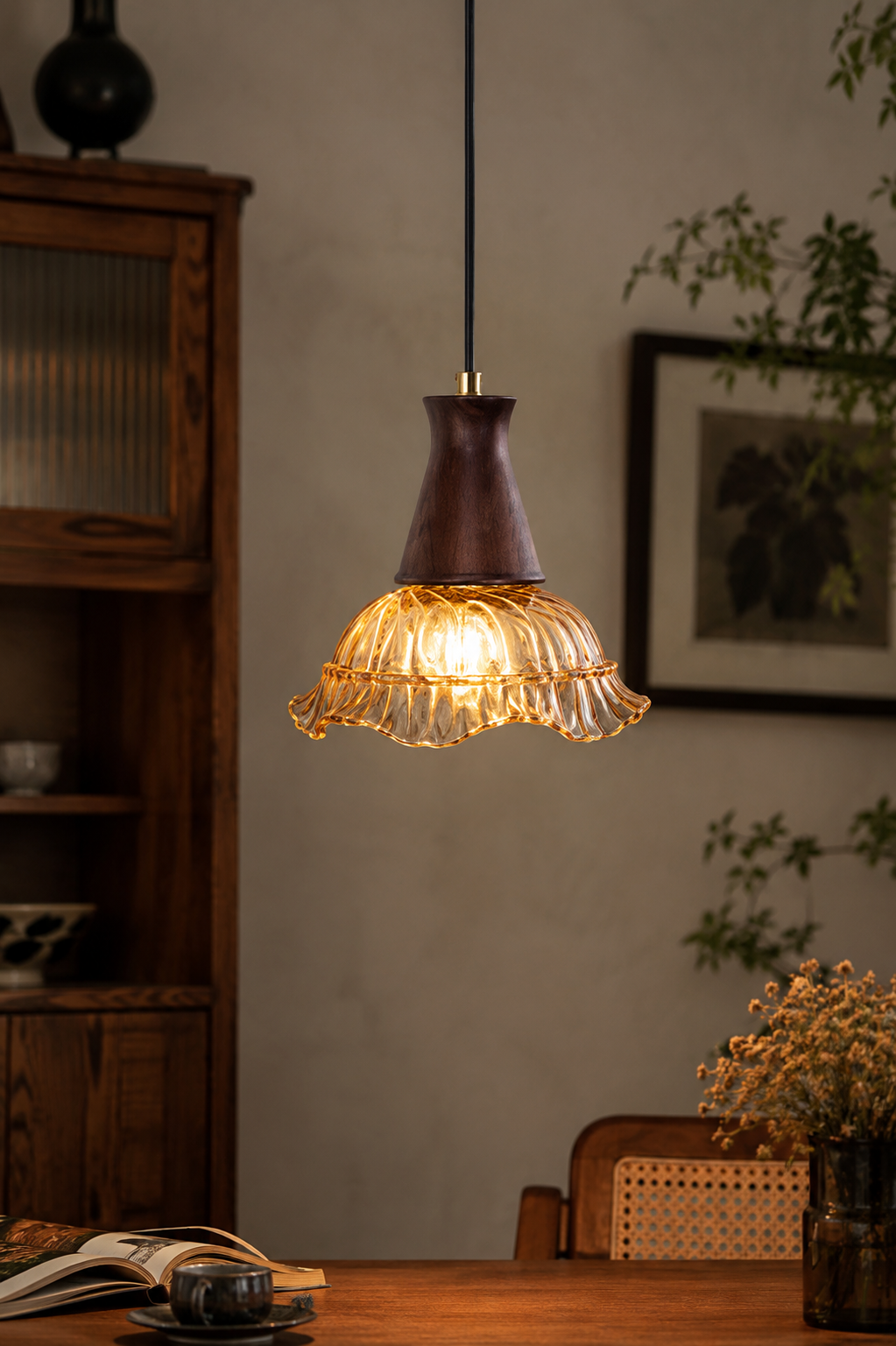 Vintage Amber Glass Walnut Pendant Light