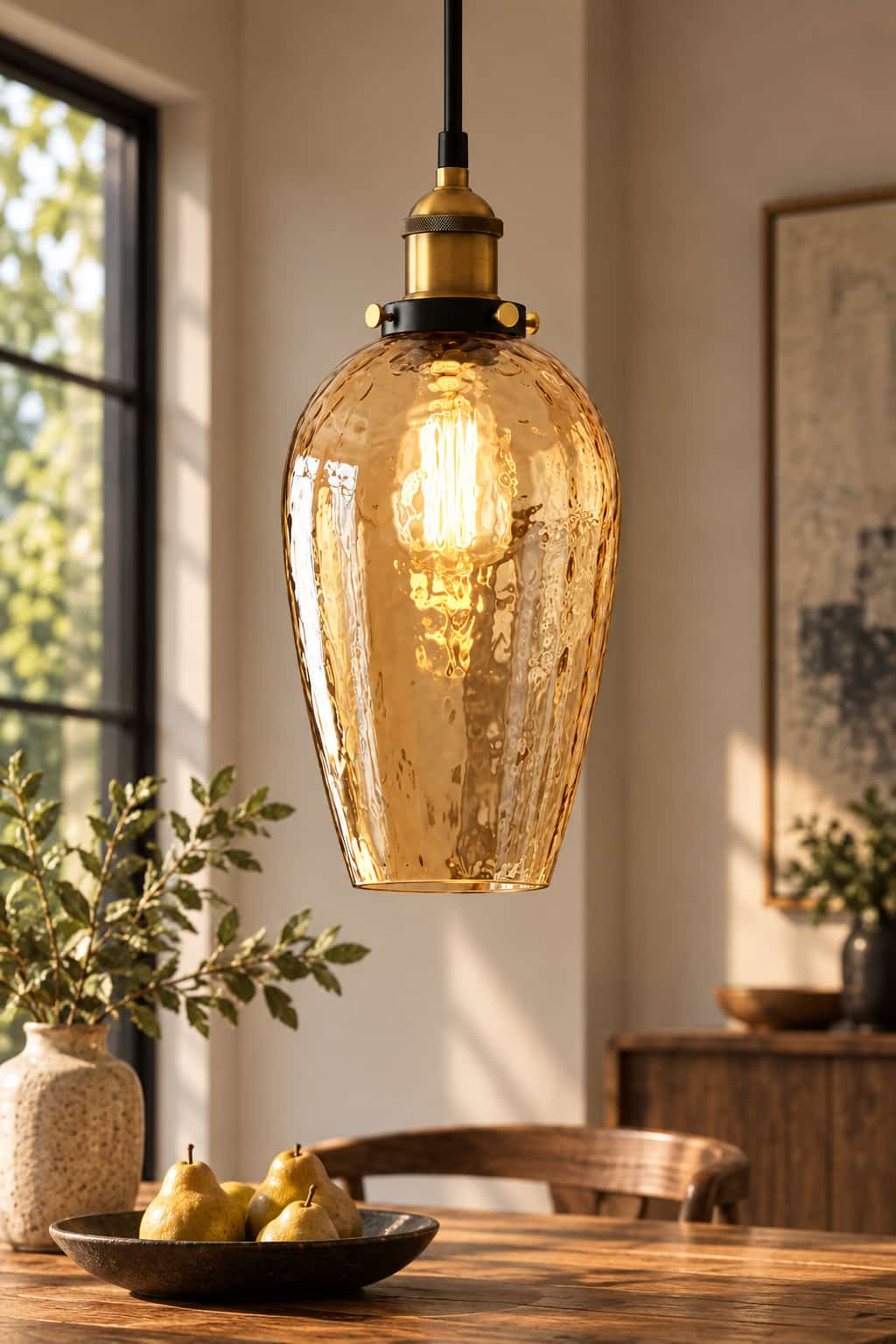 Amber Hammered Glass Industrial Pendant Light