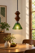 Vintage Green Glass Wood Pendant Light