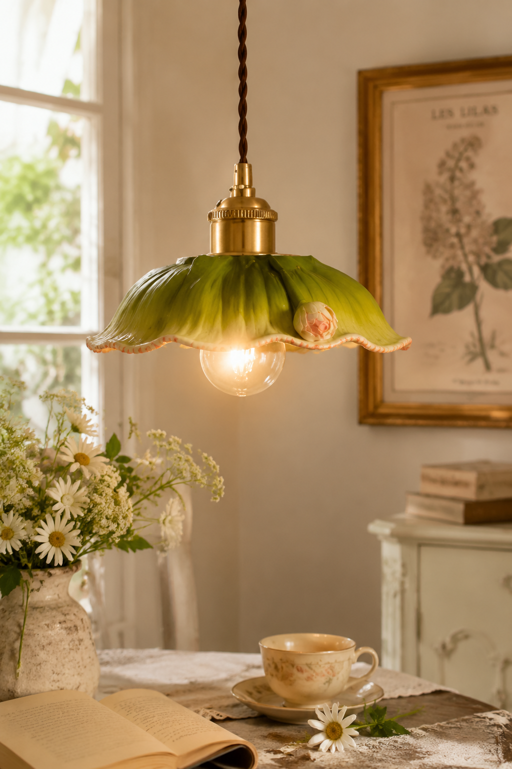 Vintage Ceramic Lotus Leaf Pendant Light