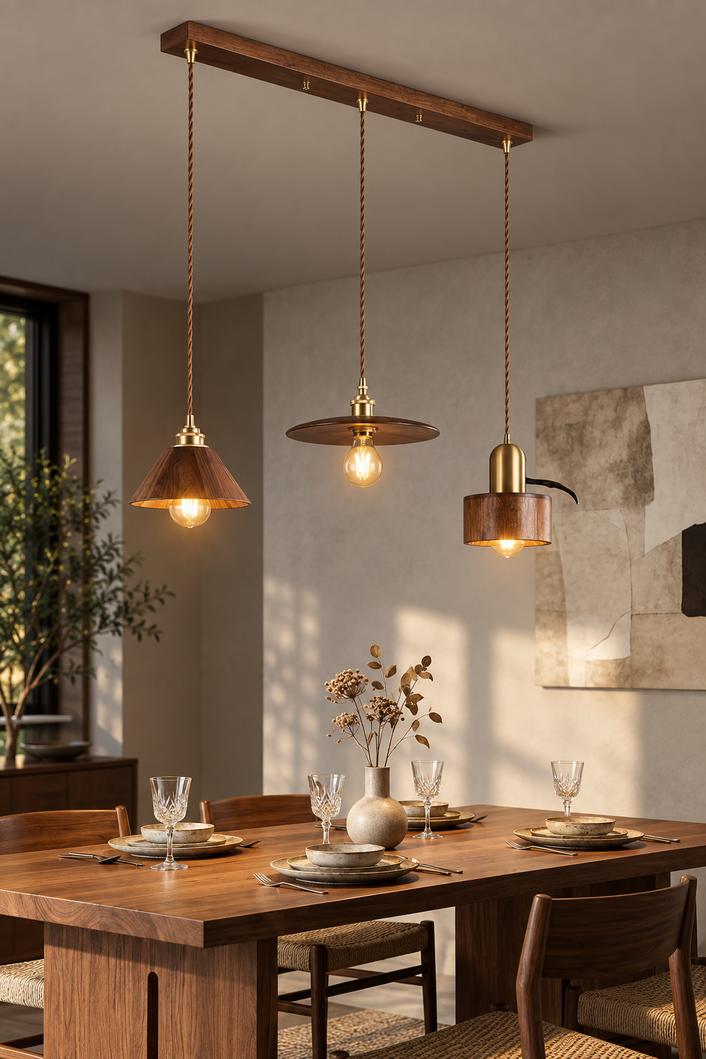 Walnut Wood 3-Head Pendant Light