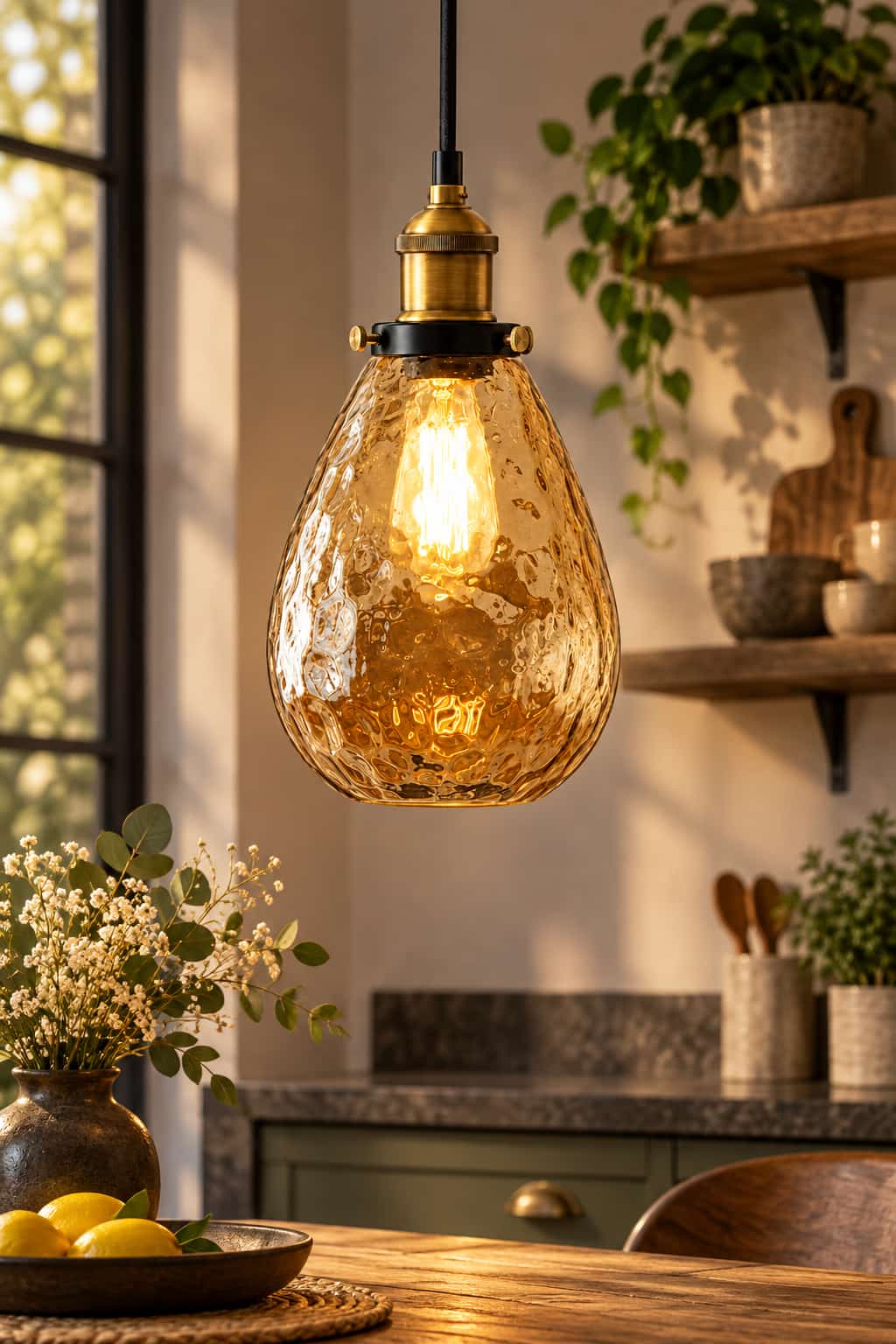 Amber Hammered Glass Vintage Pendant Light