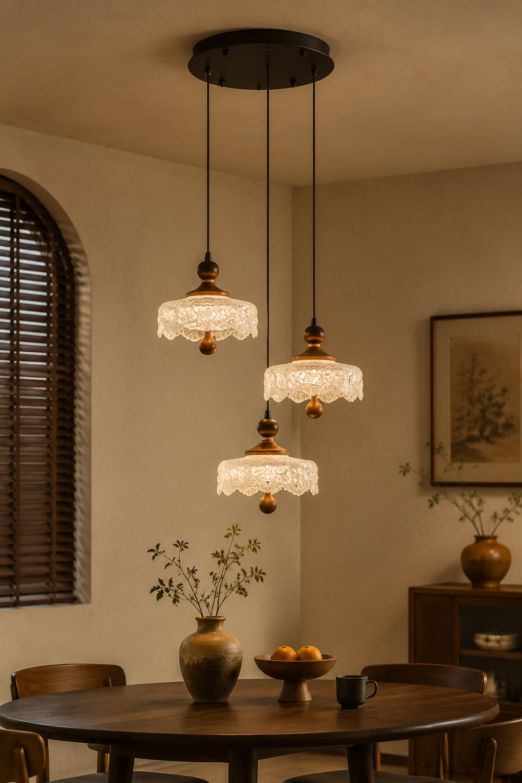 Vintage 3-Light Glass Pendant Chandelier with Walnut Wood Accents