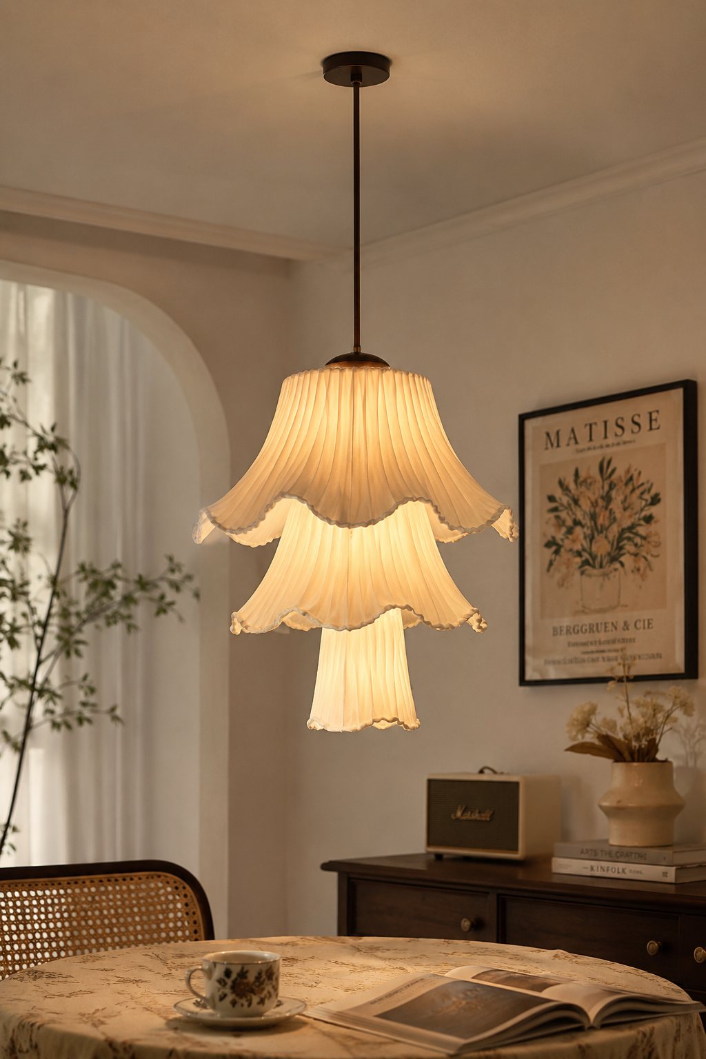 French Vintage Pleated Fabric Multi-Layered Pendant Light