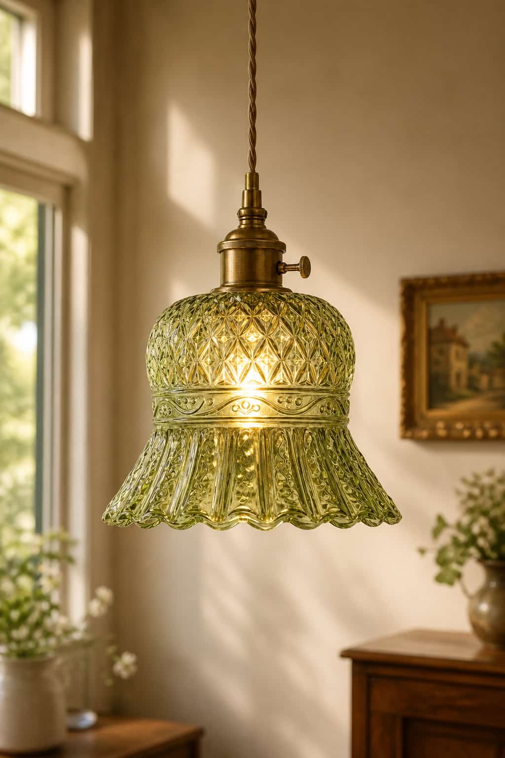 Vintage Olive Green Glass Pendant Light