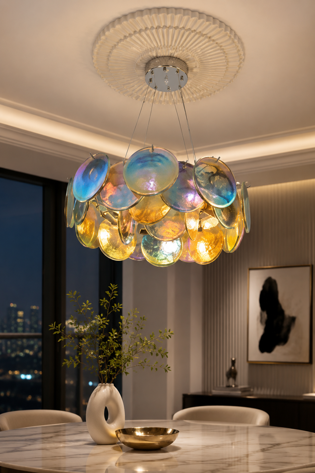 Modern Iridescent Glass Disc Chandelier - Artistic Pendant Light with Relief Base