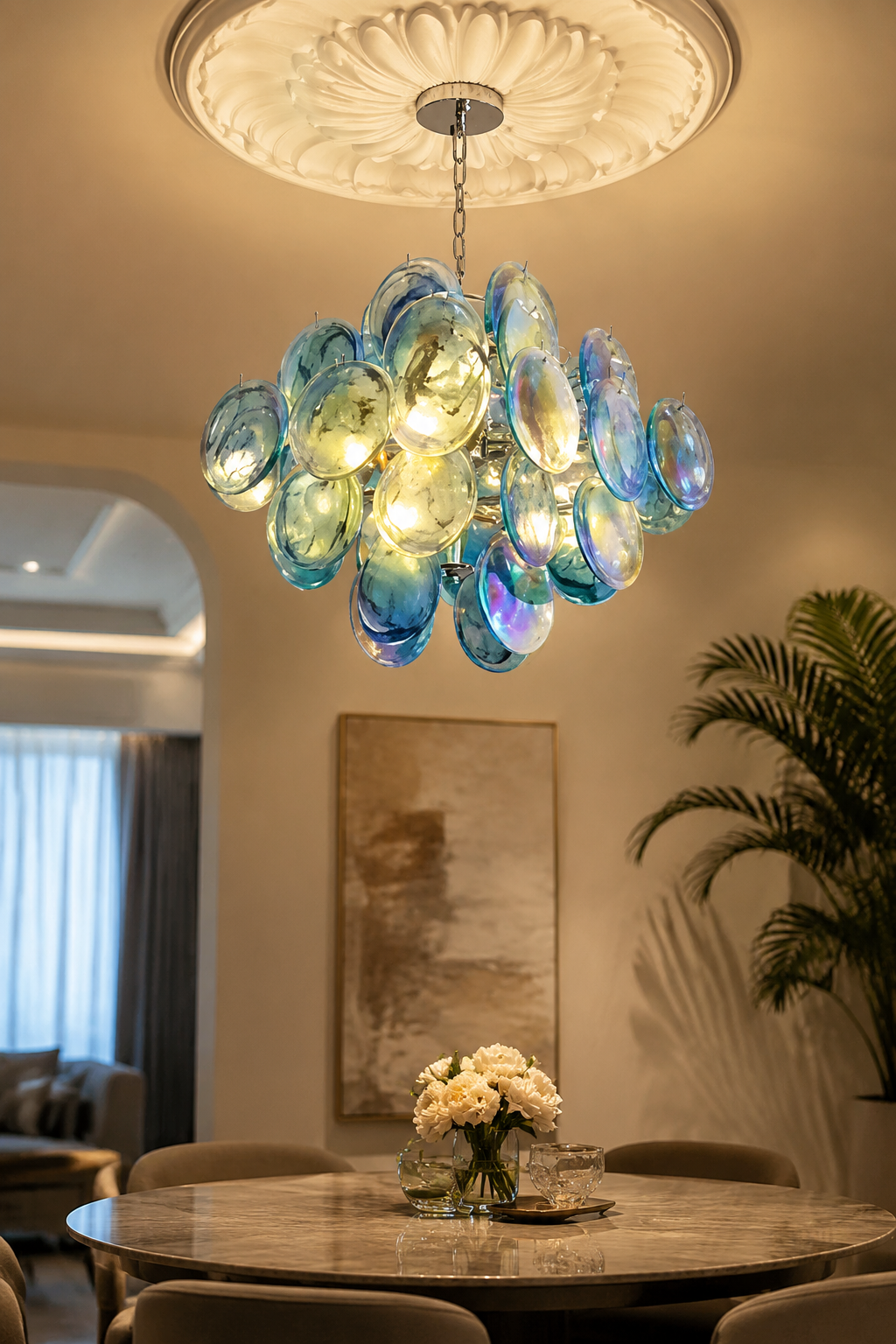 Modern Iridescent Glass Disc Chandelier - Teal and Blue Art Deco Pendant Light