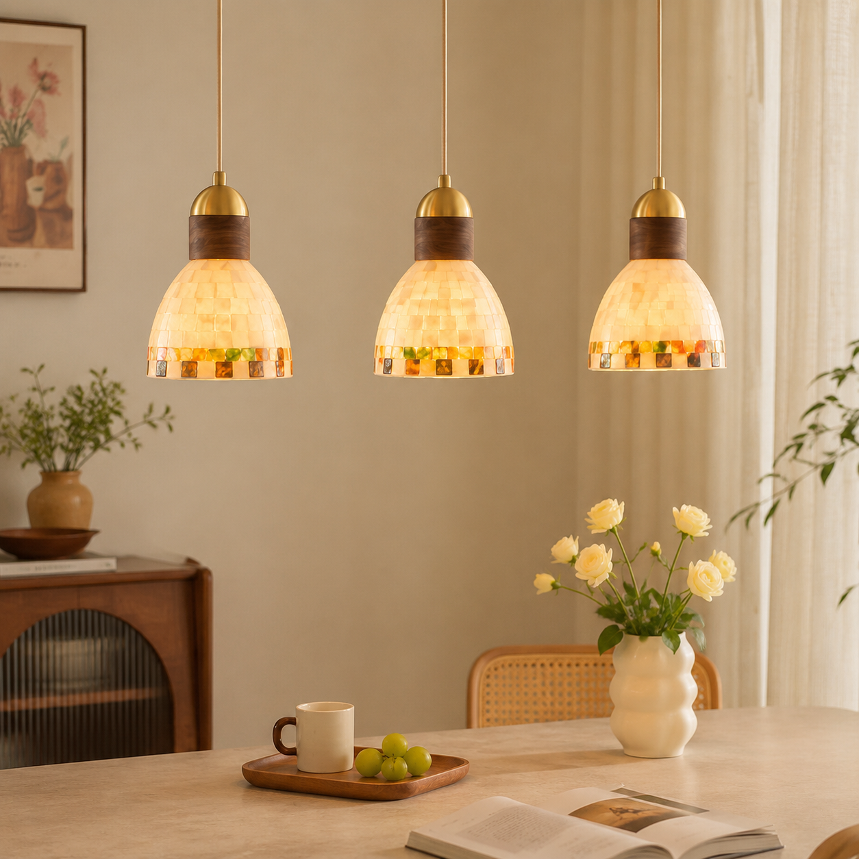 Natural Shell & Walnut Wood 3-Light Linear Pendant Chandelier